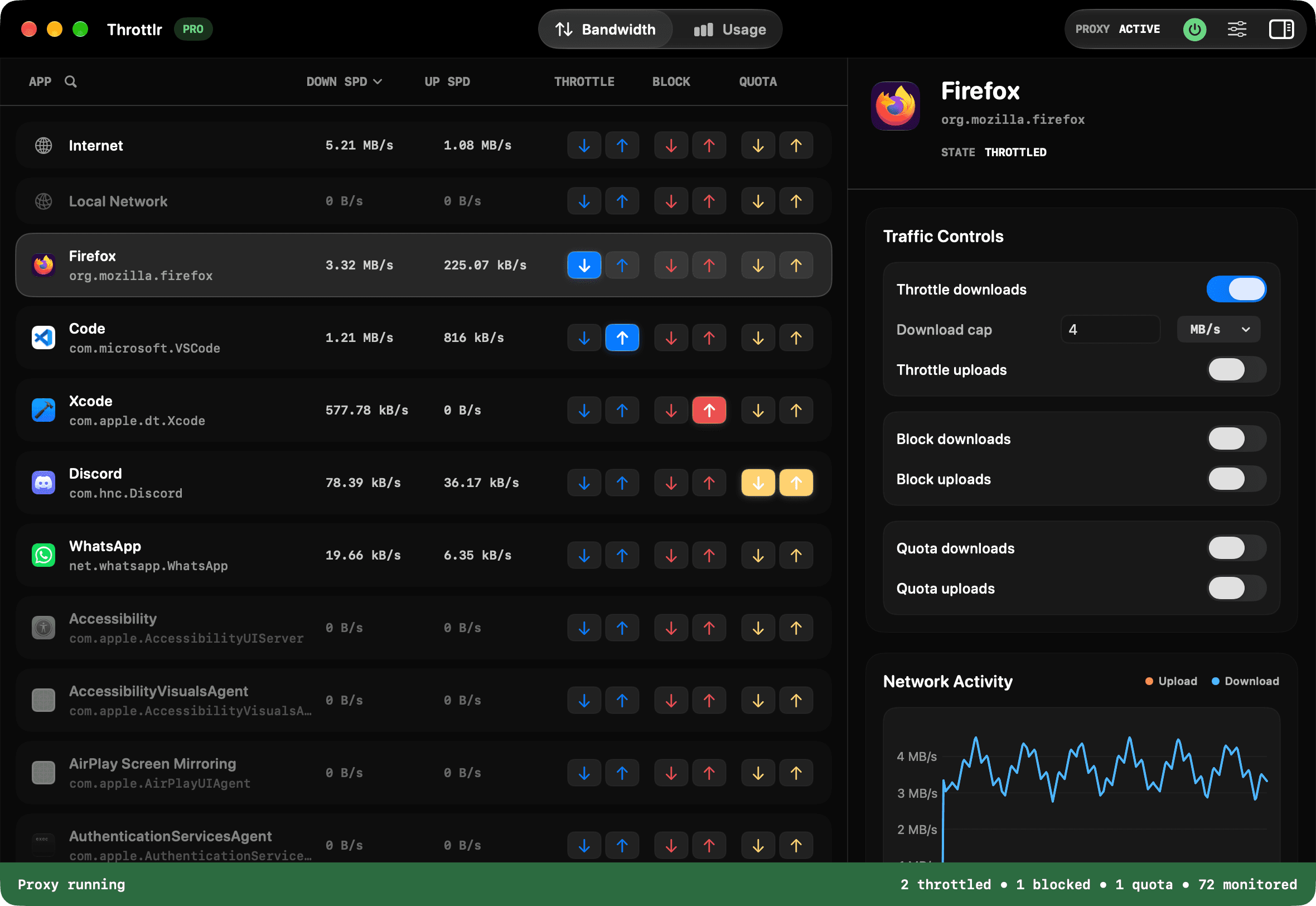 Throttlr's main window: per-app download and upload speeds with throttle, block and quota controls