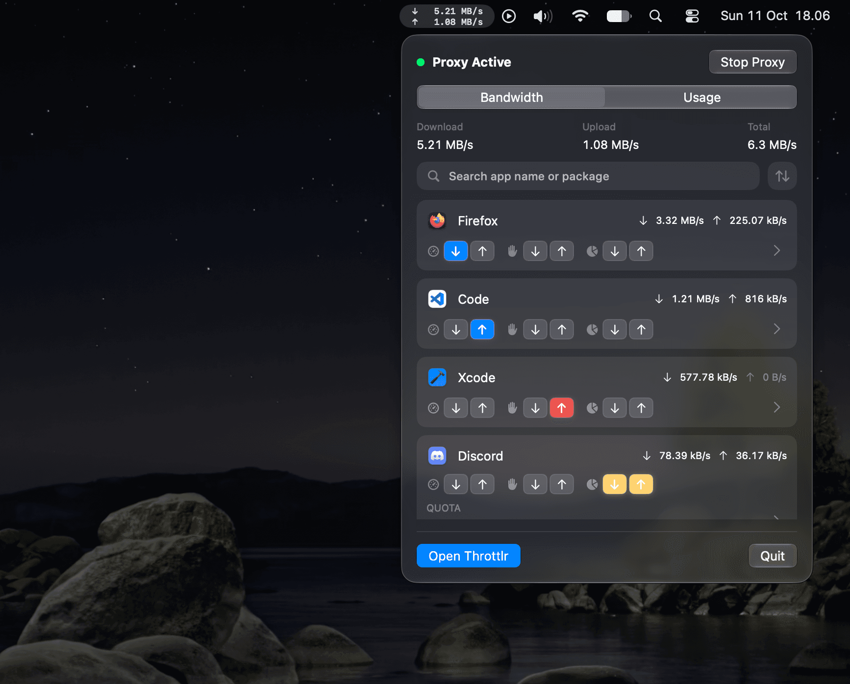 Throttlr's menu bar panel listing apps with live speeds and throttle, block and quota buttons